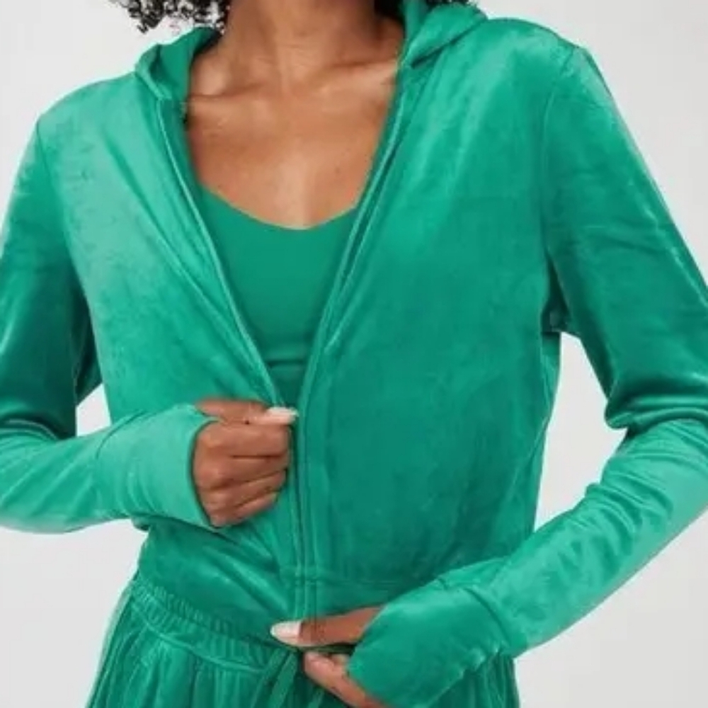 NWT Aerie Dreamy Velour Cropped Jacket Hoodie Full Zip Green Thumbhole XS